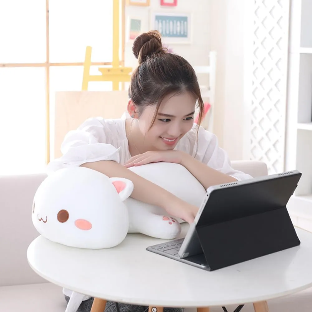 Cat Plush Hugging Pillow, Soft Cat Stuffed Animals Kawaii Kitten Plush Toy Gifts for Kids (White Round Eyes, 25.5")