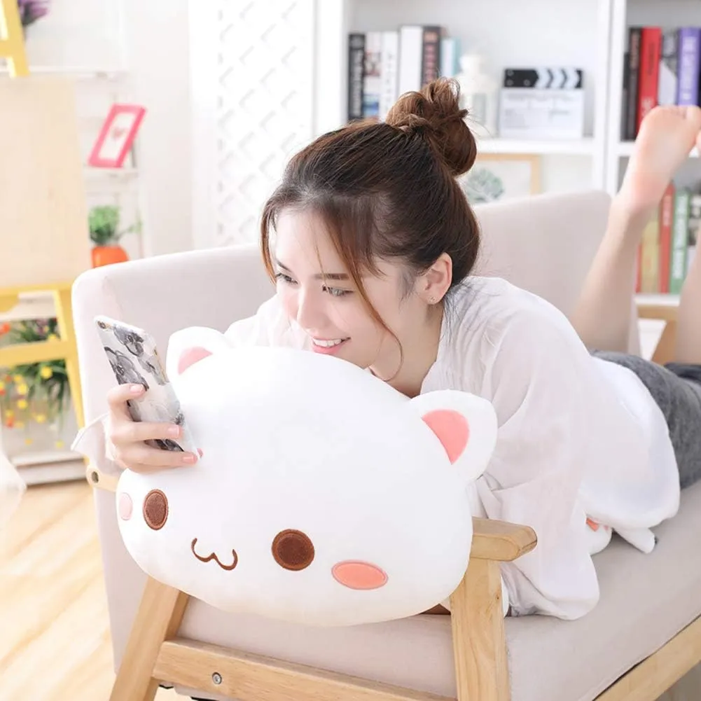 Cat Plush Hugging Pillow, Soft Cat Stuffed Animals Kawaii Kitten Plush Toy Gifts for Kids (White Round Eyes, 25.5")