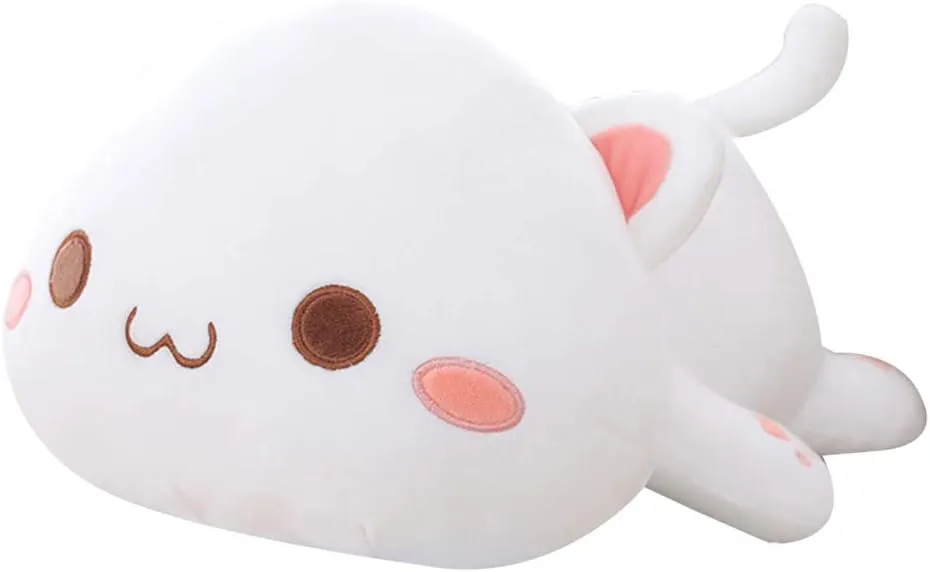 Cat Plush Hugging Pillow, Soft Cat Stuffed Animals Kawaii Kitten Plush Toy Gifts for Kids (White Round Eyes, 25.5")