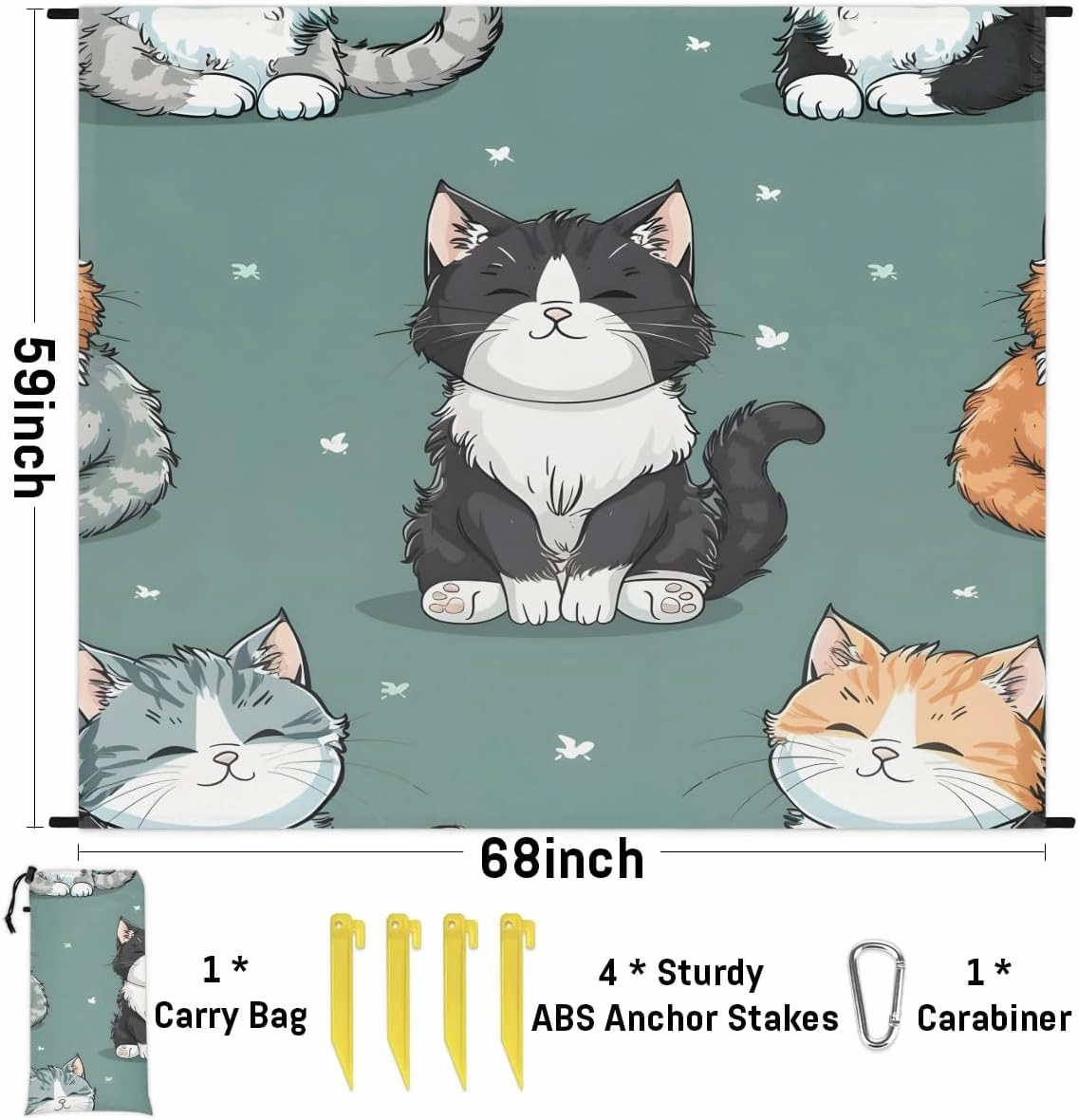 Cat Beach Blanket, Sandproof Beach Mat, 68 x 59 Waterproof Quick Drying Sand Free Mat with 4 x Ground Spikes for Outdoor Travel Camping Hiking, Kitten Animal