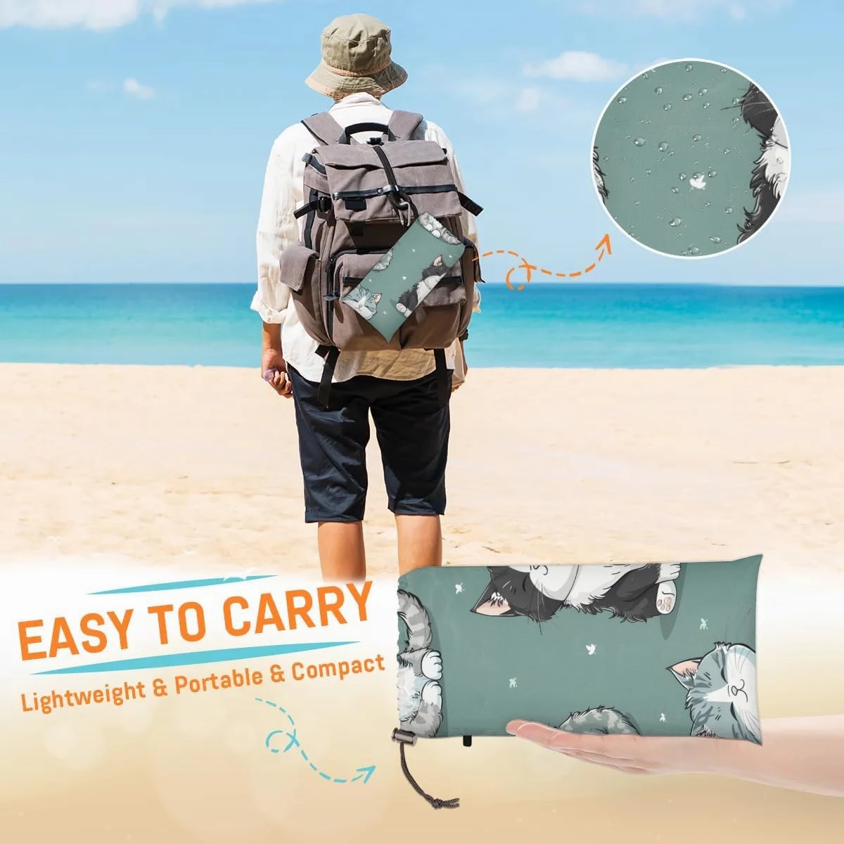 Cat Beach Blanket, Sandproof Beach Mat, 68 x 59 Waterproof Quick Drying Sand Free Mat with 4 x Ground Spikes for Outdoor Travel Camping Hiking, Kitten Animal