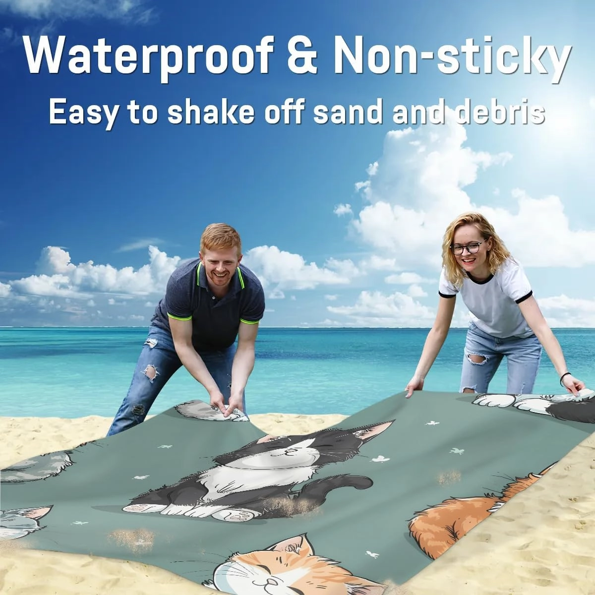 Cat Beach Blanket, Sandproof Beach Mat, 68 x 59 Waterproof Quick Drying Sand Free Mat with 4 x Ground Spikes for Outdoor Travel Camping Hiking, Kitten Animal