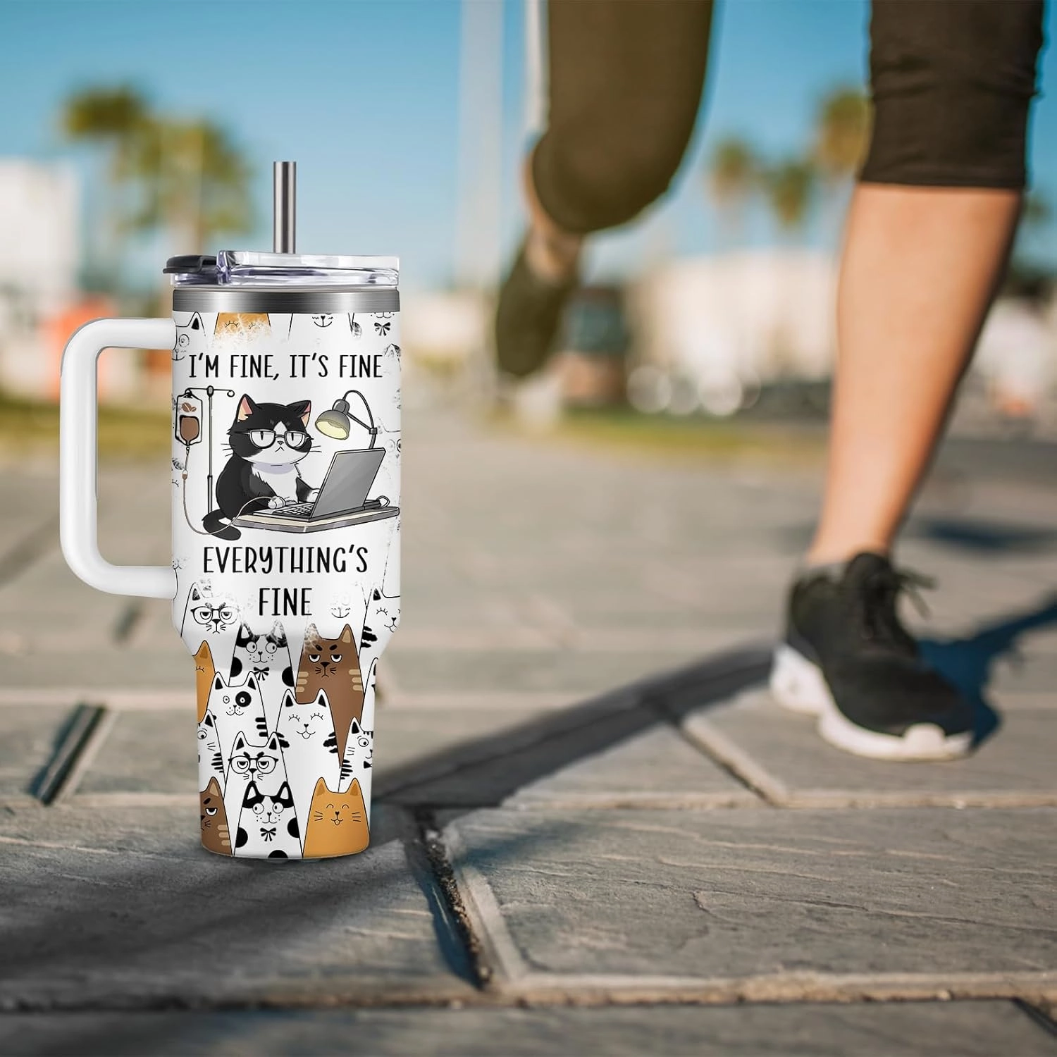 Cat Lovers Gift 40oz Cute Stainless Steel Cat Cup Tumbler With Handle, I'm Fine Everything Is Fine Funny Coffee Mugs for Cats Lovers Women Birthday Present