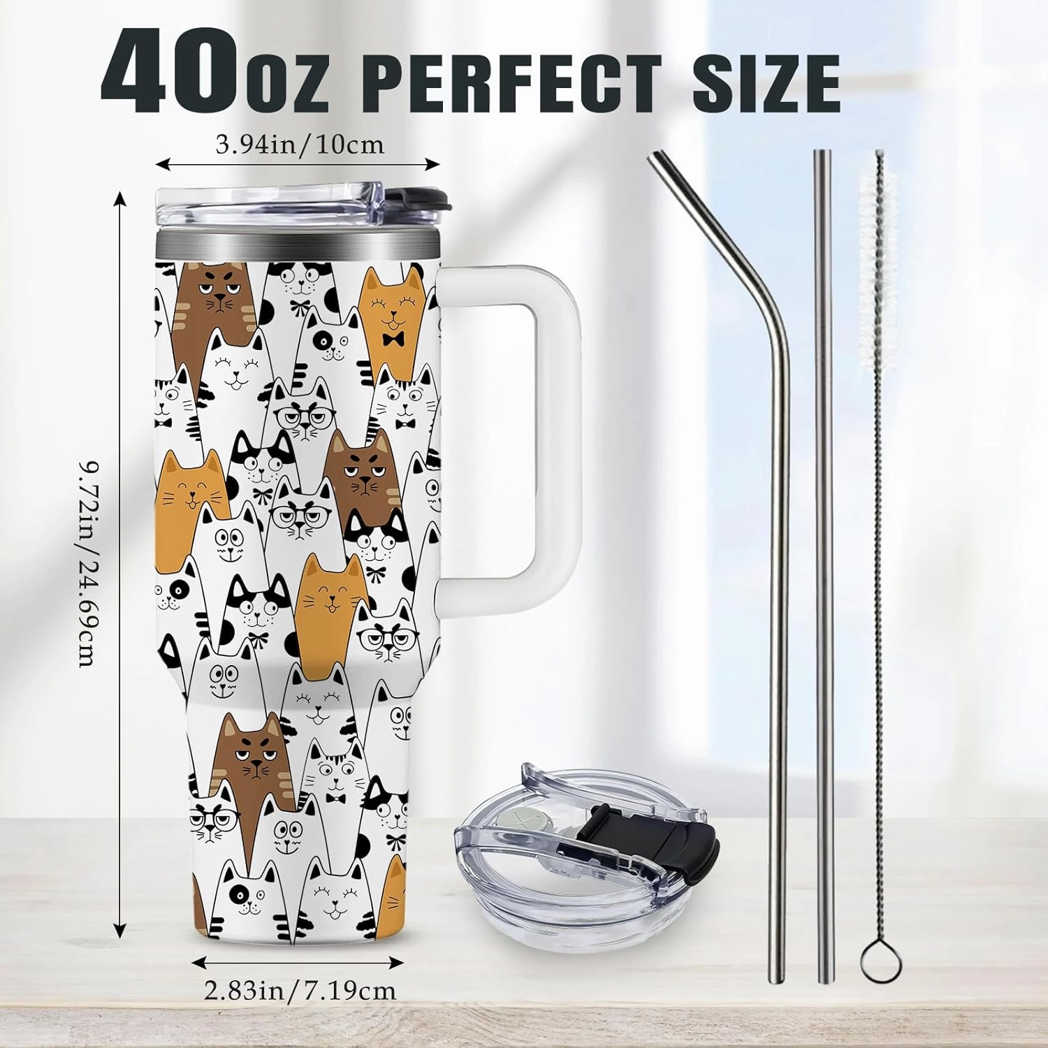 Cat Lovers Gift 40oz Cute Stainless Steel Cat Cup Tumbler With Handle, I'm Fine Everything Is Fine Funny Coffee Mugs for Cats Lovers Women Birthday Present