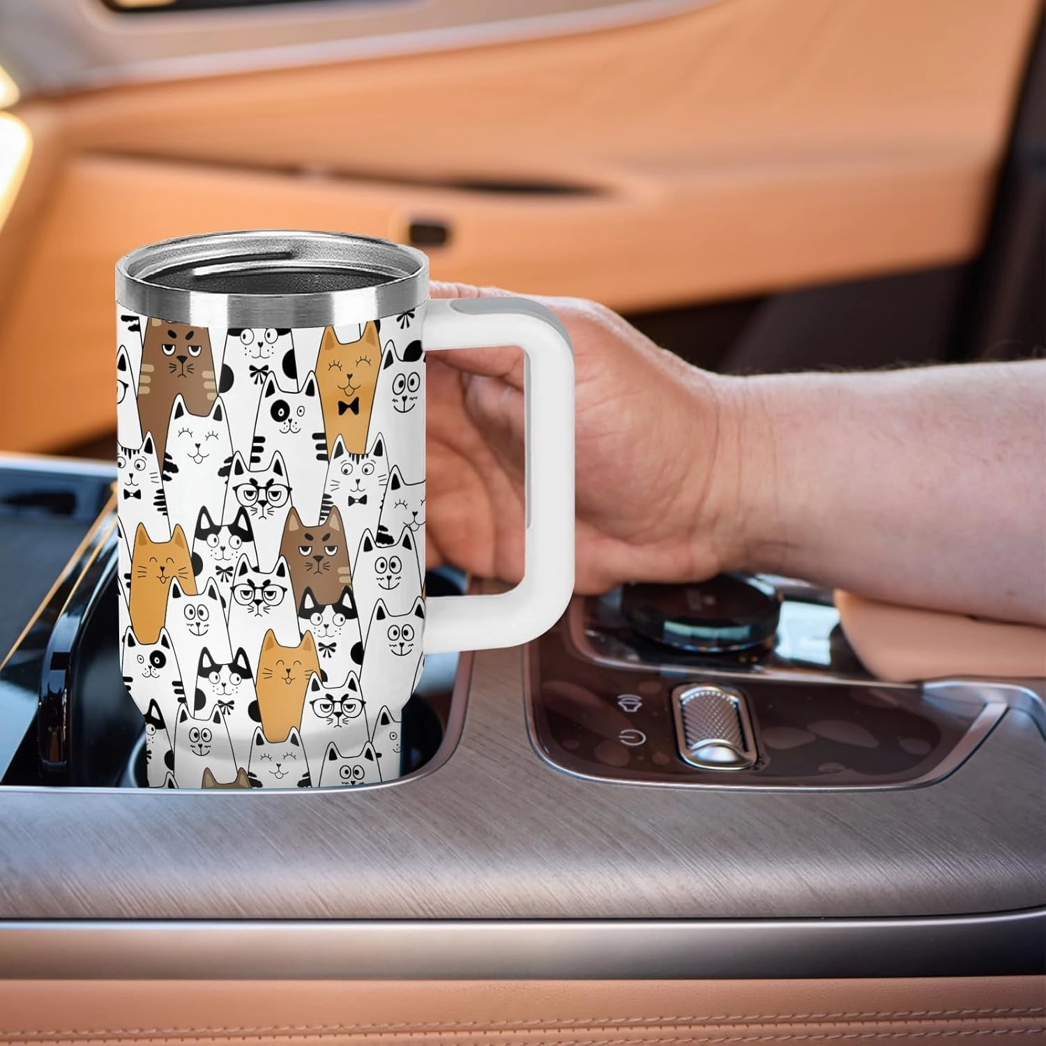 Cat Lovers Gift 40oz Cute Stainless Steel Cat Cup Tumbler With Handle, I'm Fine Everything Is Fine Funny Coffee Mugs for Cats Lovers Women Birthday Present