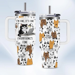 Cat Lovers Gift 40oz Cute Stainless Steel Cat Cup Tumbler With Handle, I'm Fine Everything Is Fine Funny Coffee Mugs for Cats Lovers Women Birthday Present