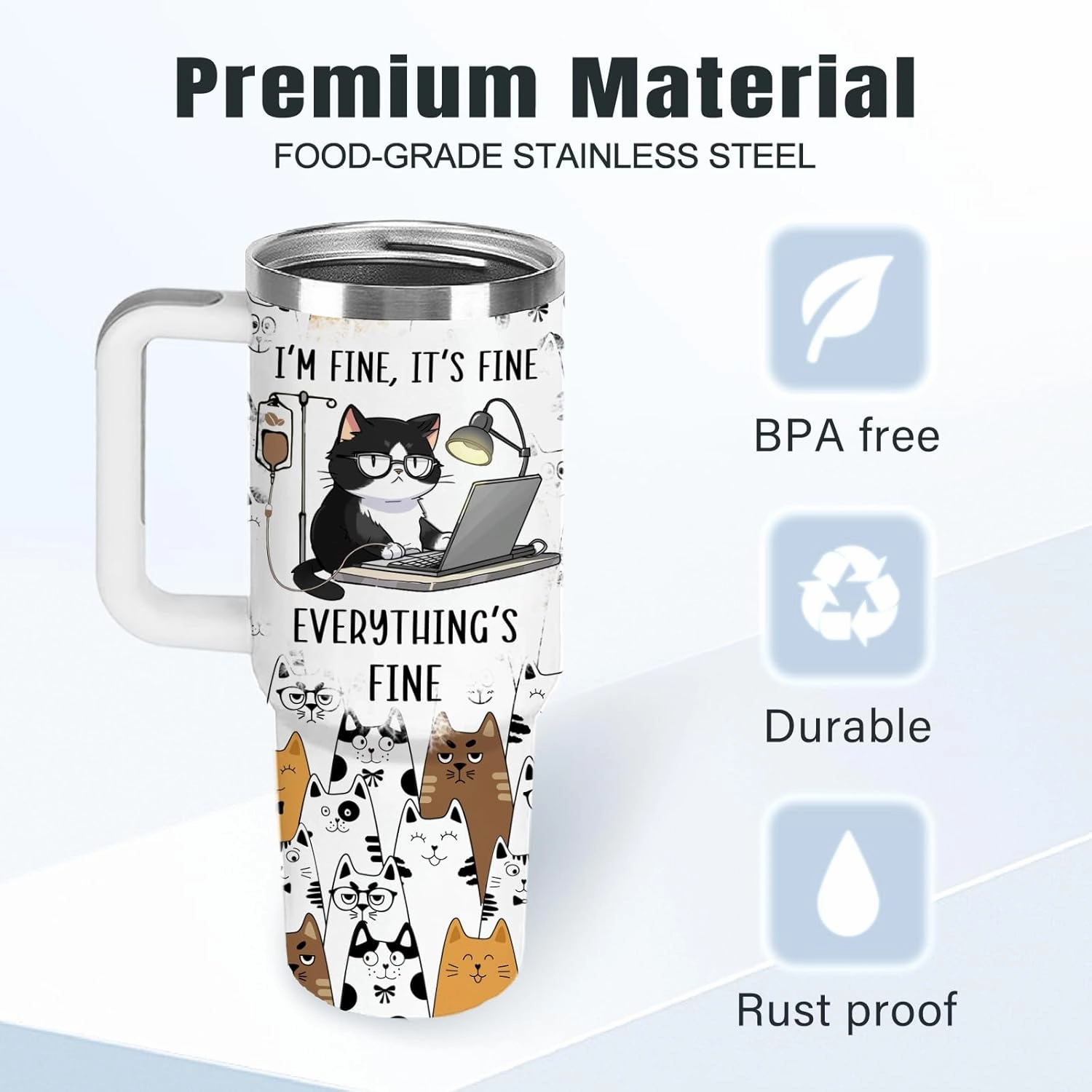 Cat Lovers Gift 40oz Cute Stainless Steel Cat Cup Tumbler With Handle, I'm Fine Everything Is Fine Funny Coffee Mugs for Cats Lovers Women Birthday Present