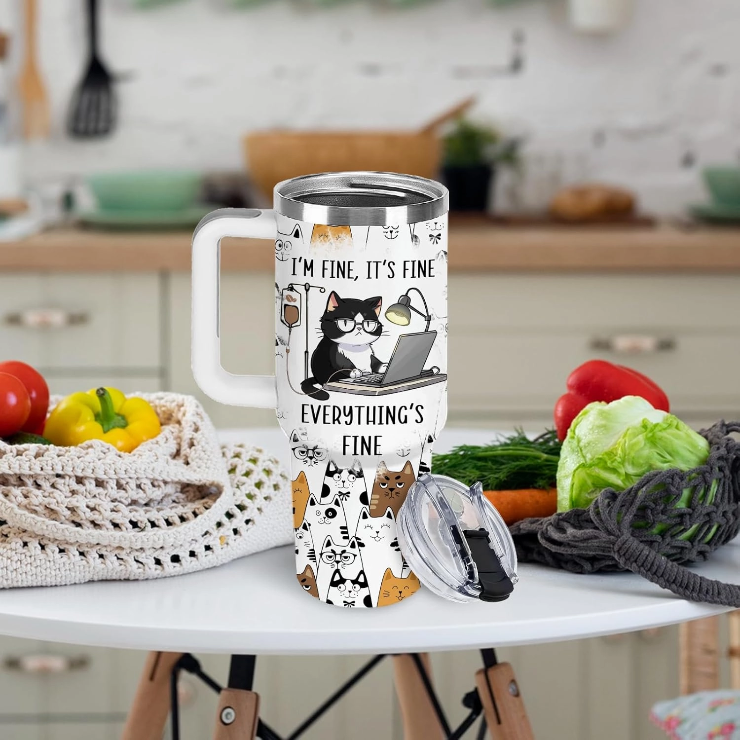Cat Lovers Gift 40oz Cute Stainless Steel Cat Cup Tumbler With Handle, I'm Fine Everything Is Fine Funny Coffee Mugs for Cats Lovers Women Birthday Present