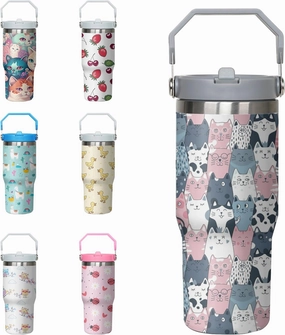 Cat Tumbler with Handle and Flip Straw for Women Men, 30oz Cute Stainless Steel Insulated Cup, Water Bottle Travel Coffee Mug, Gifts for Animal Lovers