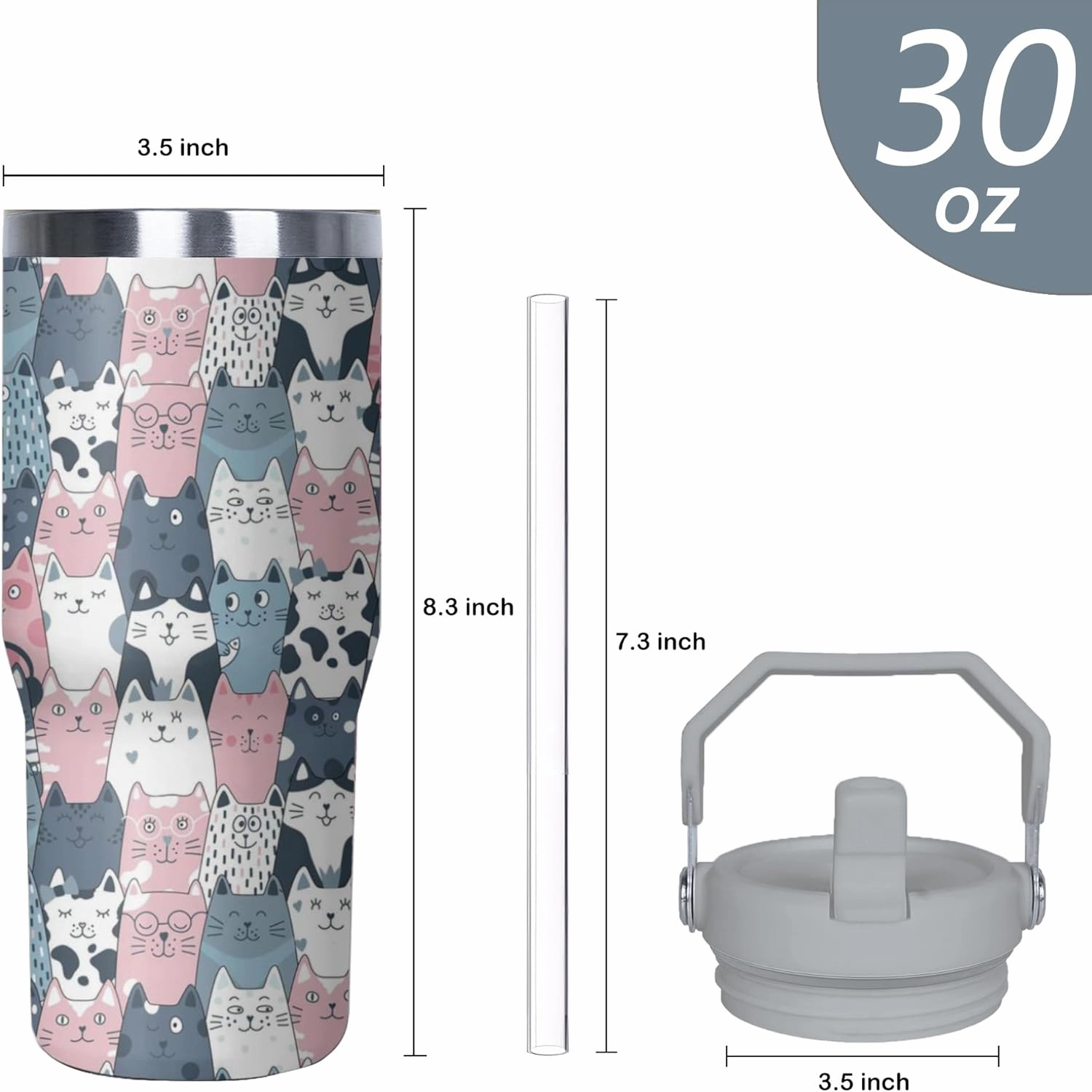 Cat Tumbler with Handle and Flip Straw for Women Men, 30oz Cute Stainless Steel Insulated Cup, Water Bottle Travel Coffee Mug, Gifts for Animal Lovers