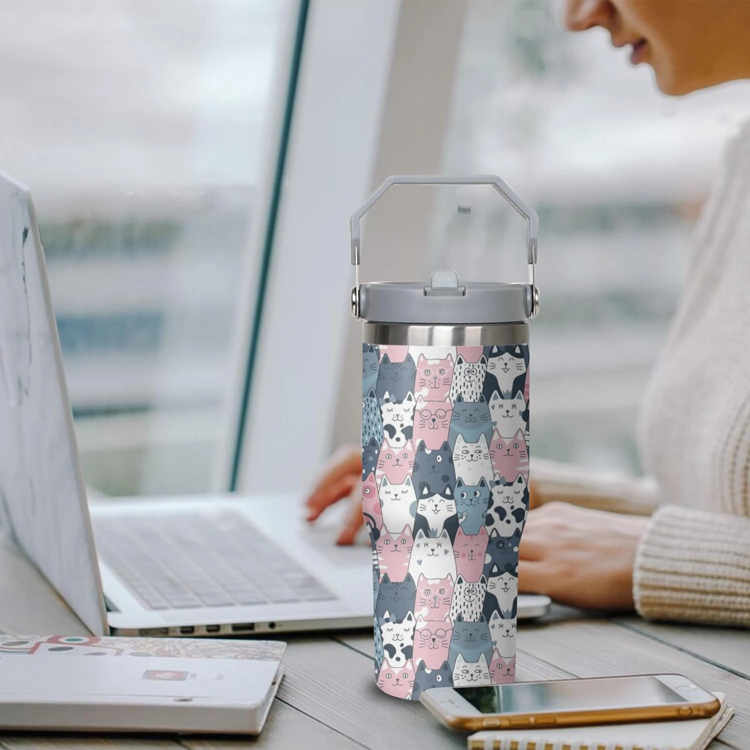 Cat Tumbler with Handle and Flip Straw for Women Men, 30oz Cute Stainless Steel Insulated Cup, Water Bottle Travel Coffee Mug, Gifts for Animal Lovers