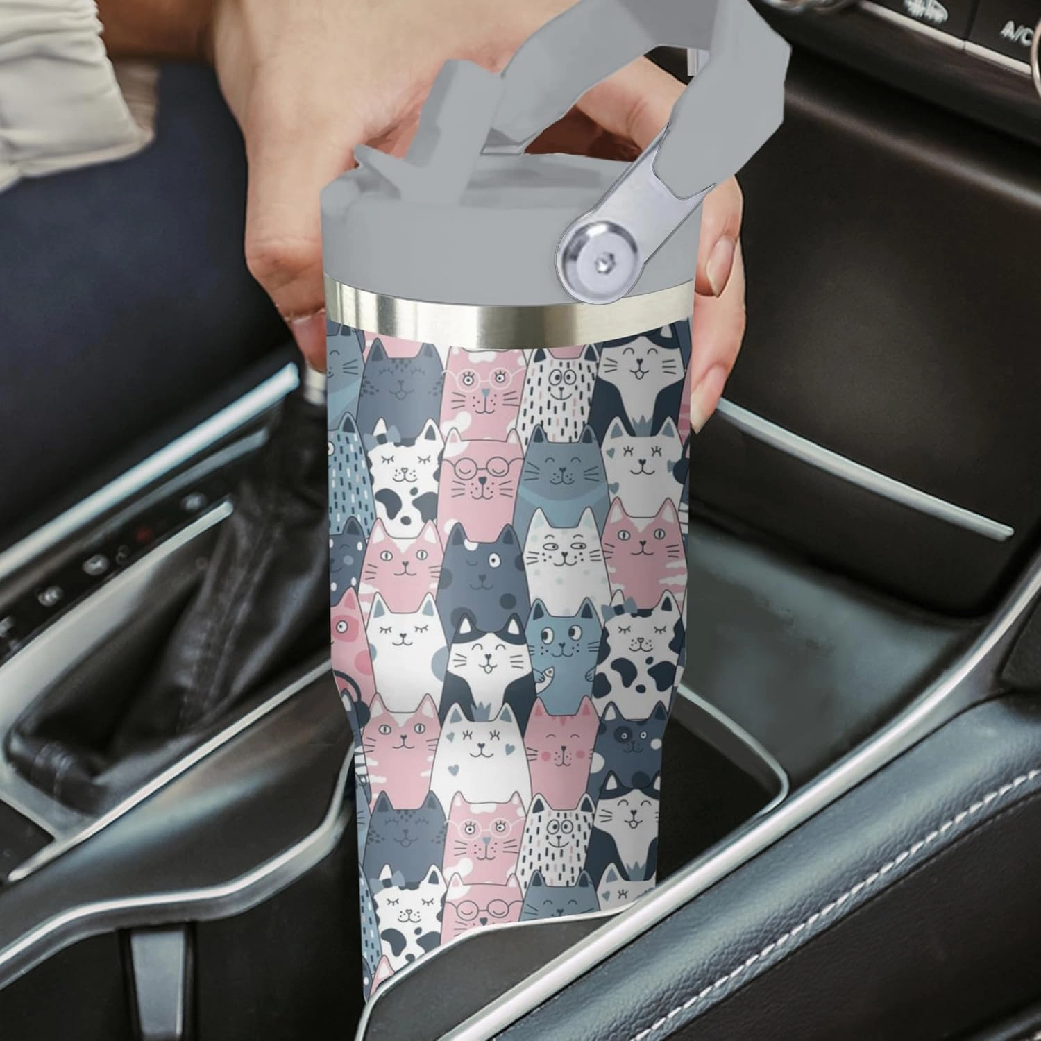 Cat Tumbler with Handle and Flip Straw for Women Men, 30oz Cute Stainless Steel Insulated Cup, Water Bottle Travel Coffee Mug, Gifts for Animal Lovers