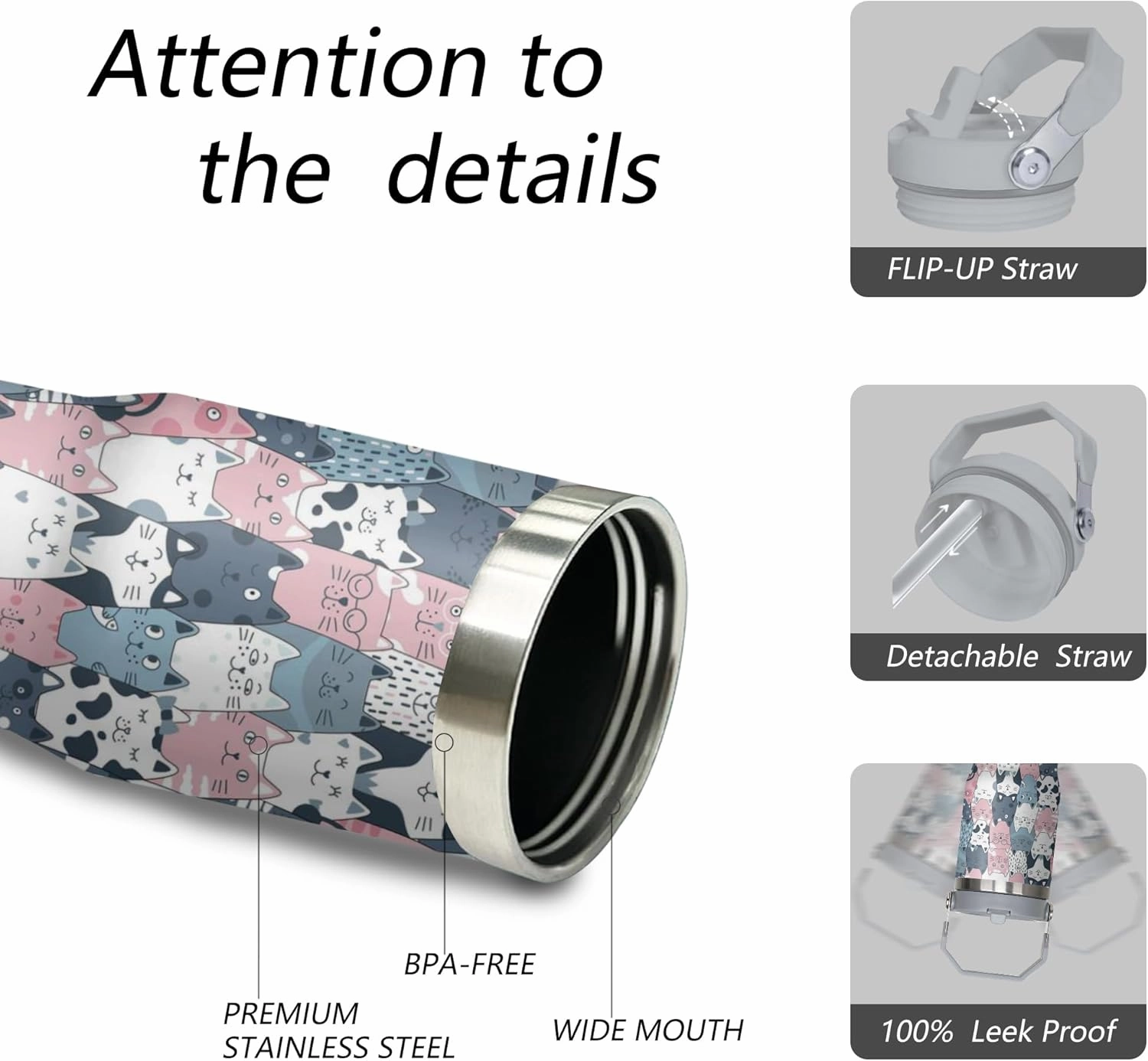 Cat Tumbler with Handle and Flip Straw for Women Men, 30oz Cute Stainless Steel Insulated Cup, Water Bottle Travel Coffee Mug, Gifts for Animal Lovers