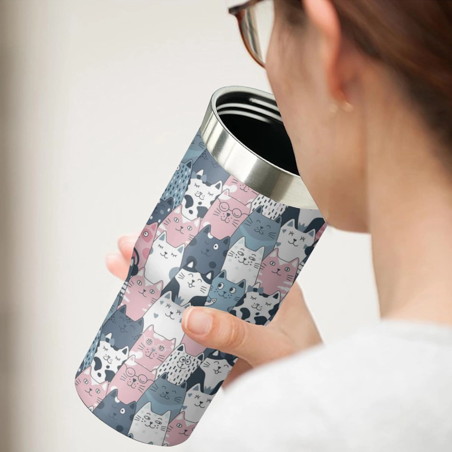 Cat Tumbler with Handle and Flip Straw for Women Men, 30oz Cute Stainless Steel Insulated Cup, Water Bottle Travel Coffee Mug, Gifts for Animal Lovers