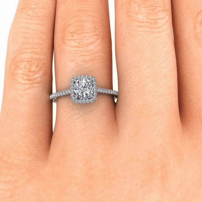 Cathedral Colorless Moissanite Ring/ 6.0mm Cushion Cut Moissanite Engagement Ring/ Half Eternity Wedding Promise Ring/ Moissanite Halo Ring