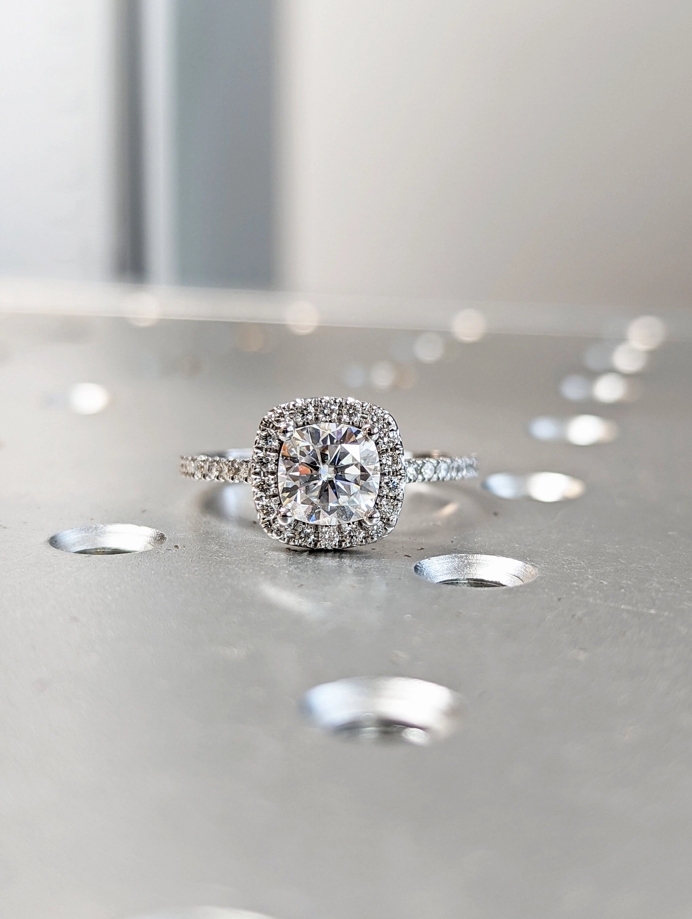 Cathedral Colorless Moissanite Ring/ 6.0mm Cushion Cut Moissanite Engagement Ring/ Half Eternity Wedding Promise Ring/ Moissanite Halo Ring