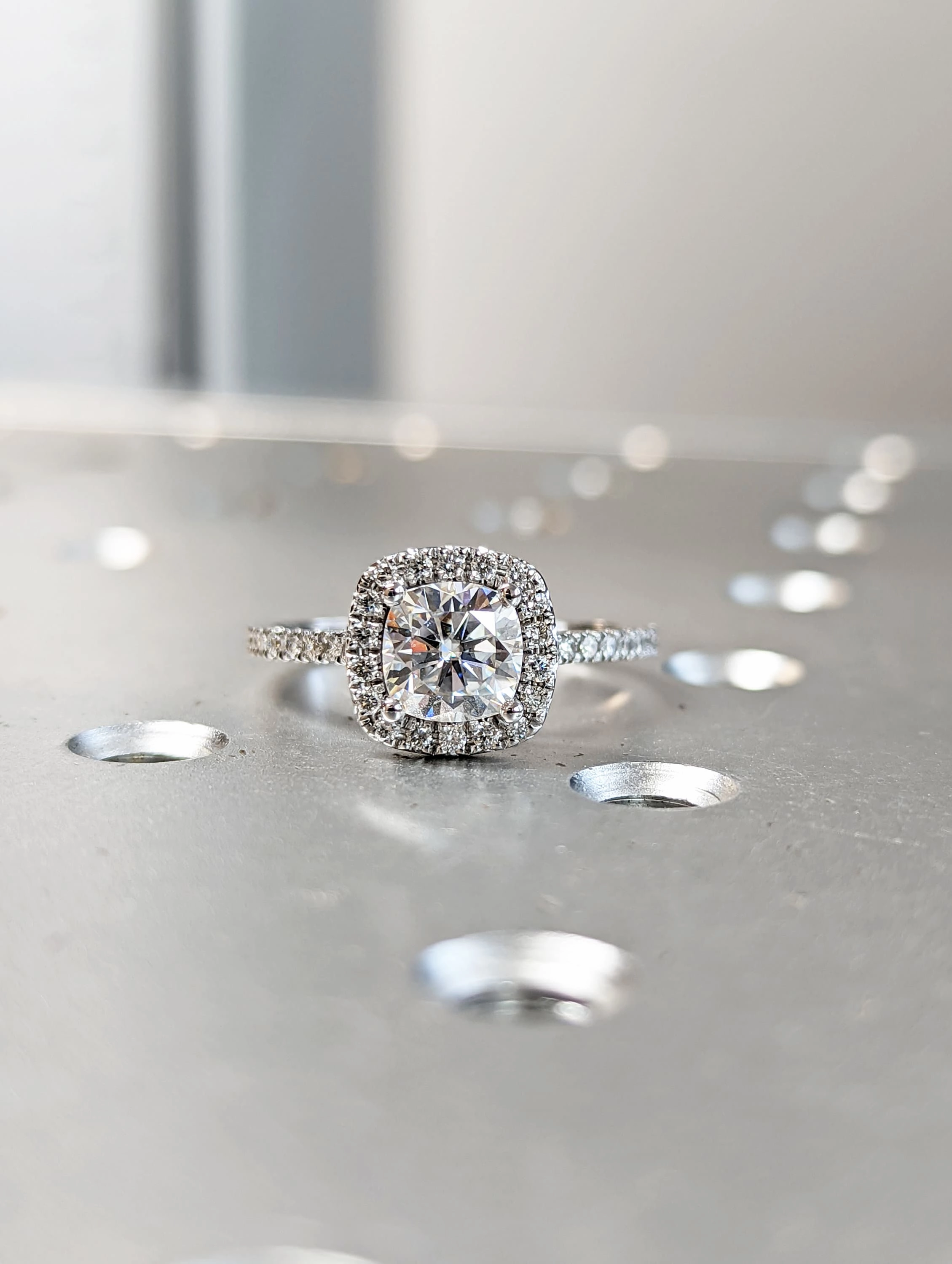 Cathedral Colorless Moissanite Ring/ 6.0mm Cushion Cut Moissanite Engagement Ring/ Half Eternity Wedding Promise Ring/ Moissanite Halo Ring