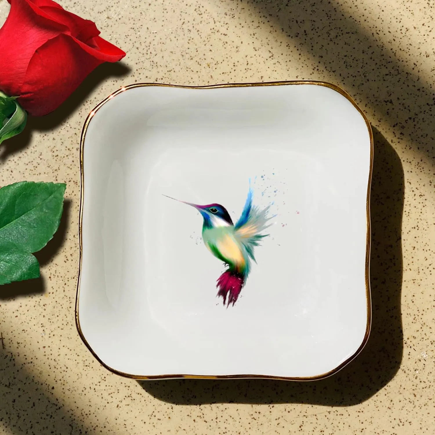 Ceramic Hummingbird Jewelry Holder, Hummingbird Gifts for Women, Dragonfly Dish, Bird Ring Holder, Butterfly Dishes, Gift for Mom, Daughter, Sister, Friend (Red Hummingbird)