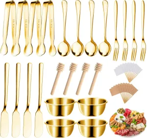 Cheese Butter Spreader Knives Set Charcuterie Board Accessories Stainless Steel Spreader Knives Forks Spoons Mini Serving Tongs Small Dipping Bowls Toothpick Flags Utensils for Pastry Making