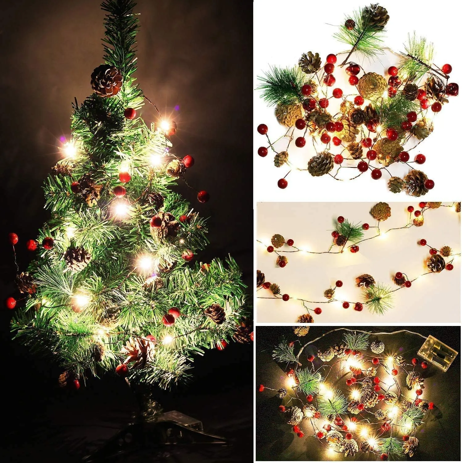 Christmas Lights, Garland with Lights Fairy Lights Pine Cone Berries Indoor and Outdoor Christmas Tree Lights Winter Holiday New Year Decor, Battery Powered. (2M 20 Lights) (Pine Cone)