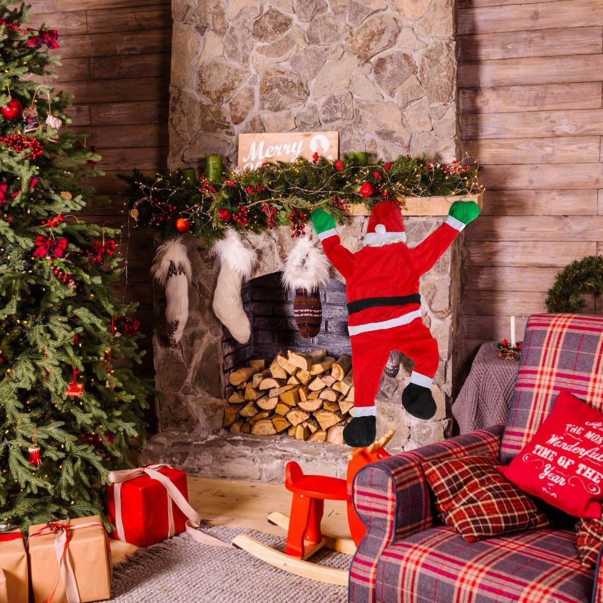 Christmas Hanging Santa Decoration Climbing Santa Claus Climbing Hanging Santa Claus Suit Indoor Outdoor Christmas Ornaments Christmas Decor for Gutter/Roof/Chimney/Window/Car/Christmas Tree (3.6 FT)