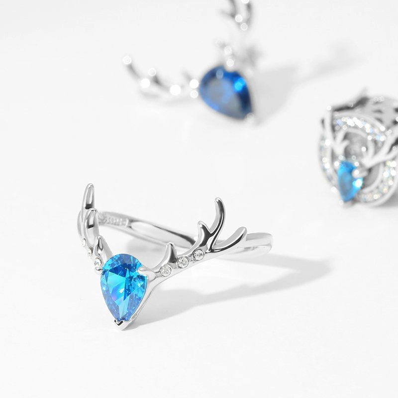 Christmas Reindeer Ring Blue Rings Platinum Plated 925 Sterling Silver Zircon