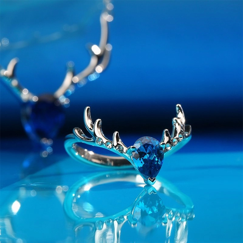 Christmas Reindeer Ring Blue Rings Platinum Plated 925 Sterling Silver Zircon
