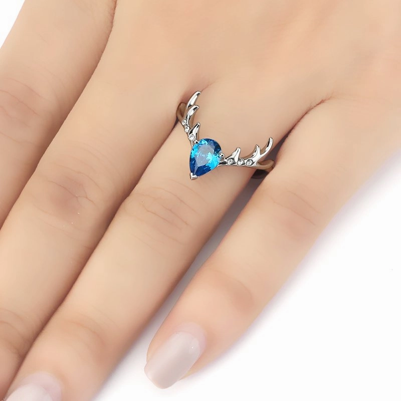 Christmas Reindeer Ring Blue Rings Platinum Plated 925 Sterling Silver Zircon