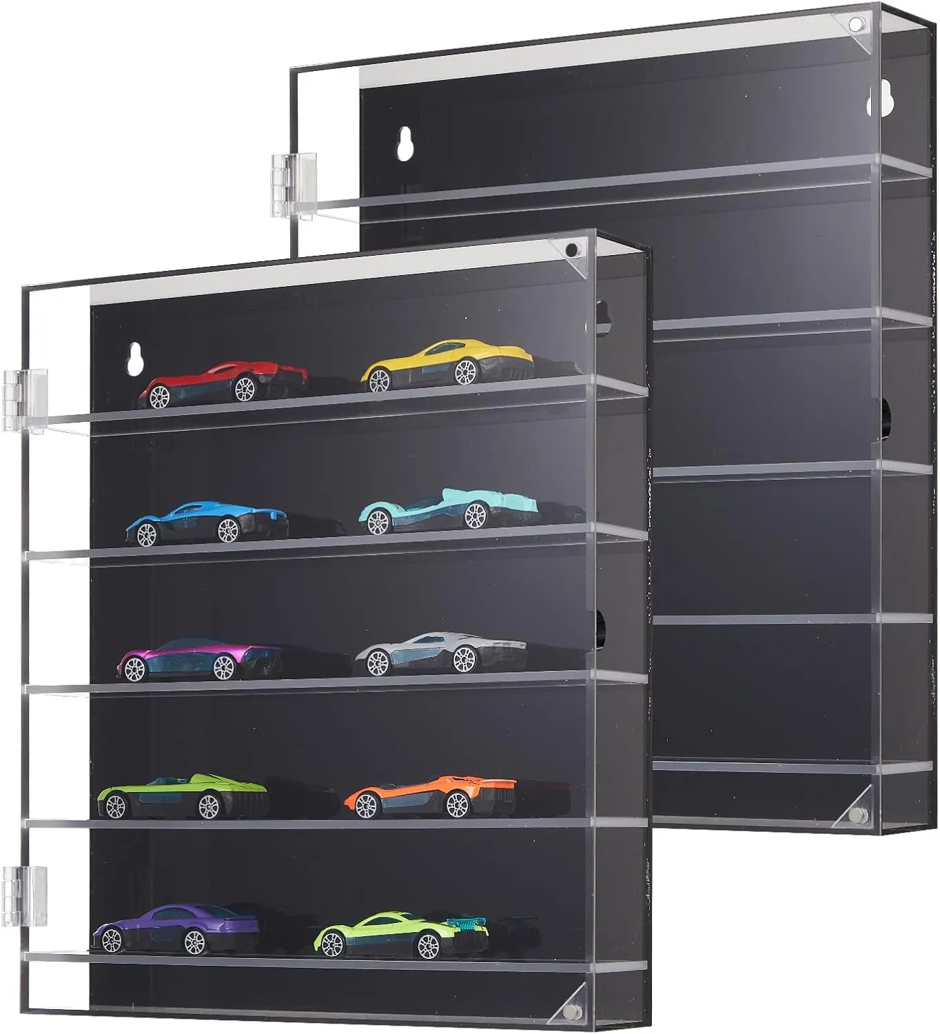 Chunful 2 Pcs 5 Tier Acrylic Display Case for Toy Cars Wall Mountable Transparent Showcase Tabletop Model Cars Storage Case with Magnetic Switch Door for Collector, 12 x 10. 3 x 1. 8 Inch