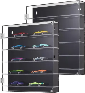 Chunful 2 Pcs 5 Tier Acrylic Display Case for Toy Cars Wall Mountable Transparent Showcase Tabletop Model Cars Storage Case with Magnetic Switch Door for Collector, 12 x 10. 3 x 1. 8 Inch