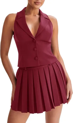 Cicy Bell Womens Summer 2 Piece Outfits V Neck Blazer Vest Matching Sets and Mini Pleated Skirts