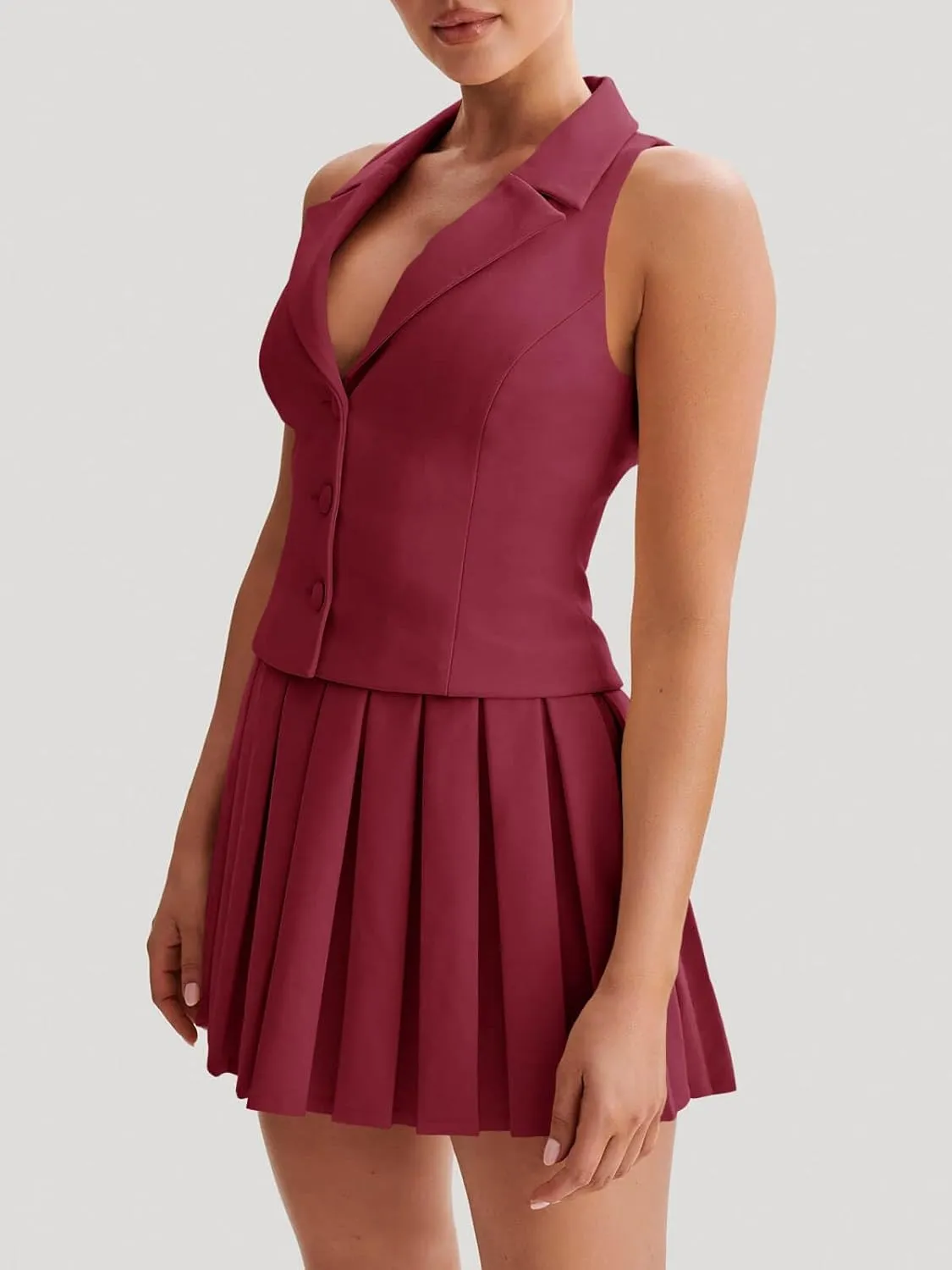 Cicy Bell Womens Summer 2 Piece Outfits V Neck Blazer Vest Matching Sets and Mini Pleated Skirts