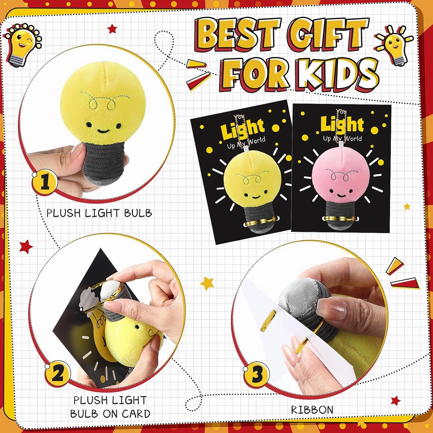 CNA Gift Bulk Employee Appreciation Gifts Light Bulb Plush Toy Squeeze Stress Balls with 12 You up My World Greeting Cards 12 Lights Plush Stuffed Toy for School Classroom(Yellow, Red, Pink)
