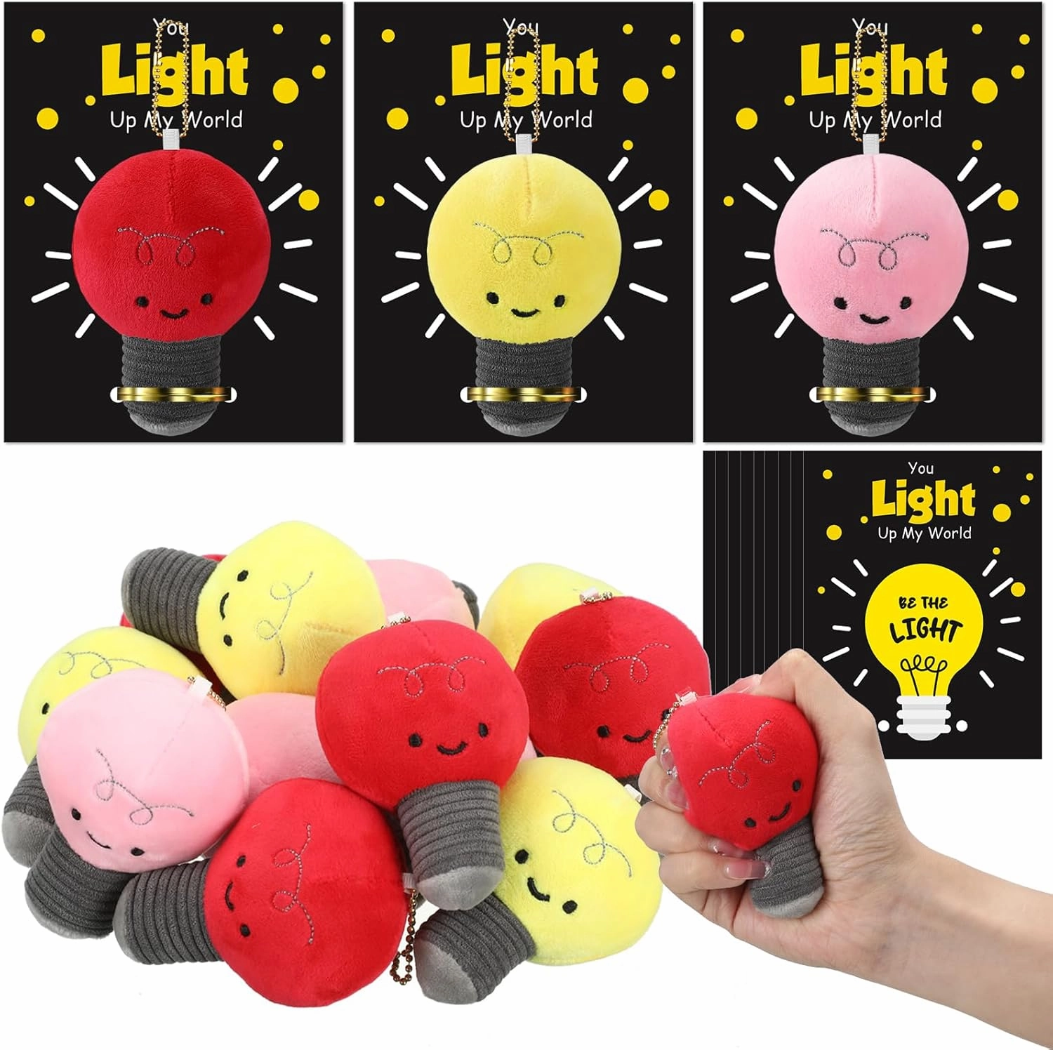 CNA Gift Bulk Employee Appreciation Gifts Light Bulb Plush Toy Squeeze Stress Balls with 12 You up My World Greeting Cards 12 Lights Plush Stuffed Toy for School Classroom(Yellow, Red, Pink)