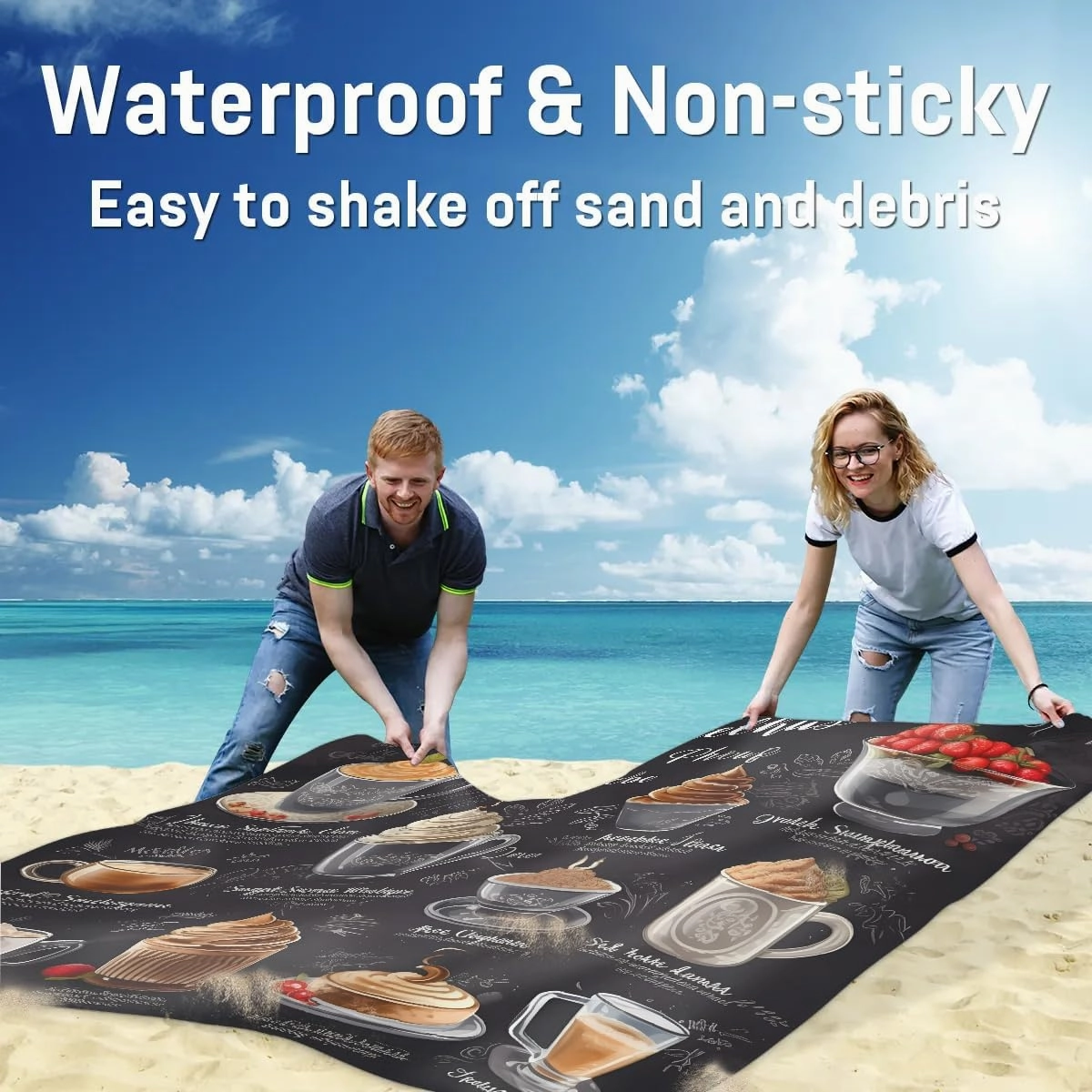 Coffee Beach Blanket, Sandproof Beach Mat, 68 x 59 Waterproof Quick Drying Sand Free Mat with 4 x Ground Spikes for Outdoor Travel Camping Hiking, Coffee Theme