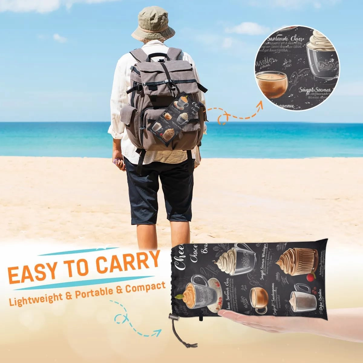 Coffee Beach Blanket, Sandproof Beach Mat, 68 x 59 Waterproof Quick Drying Sand Free Mat with 4 x Ground Spikes for Outdoor Travel Camping Hiking, Coffee Theme