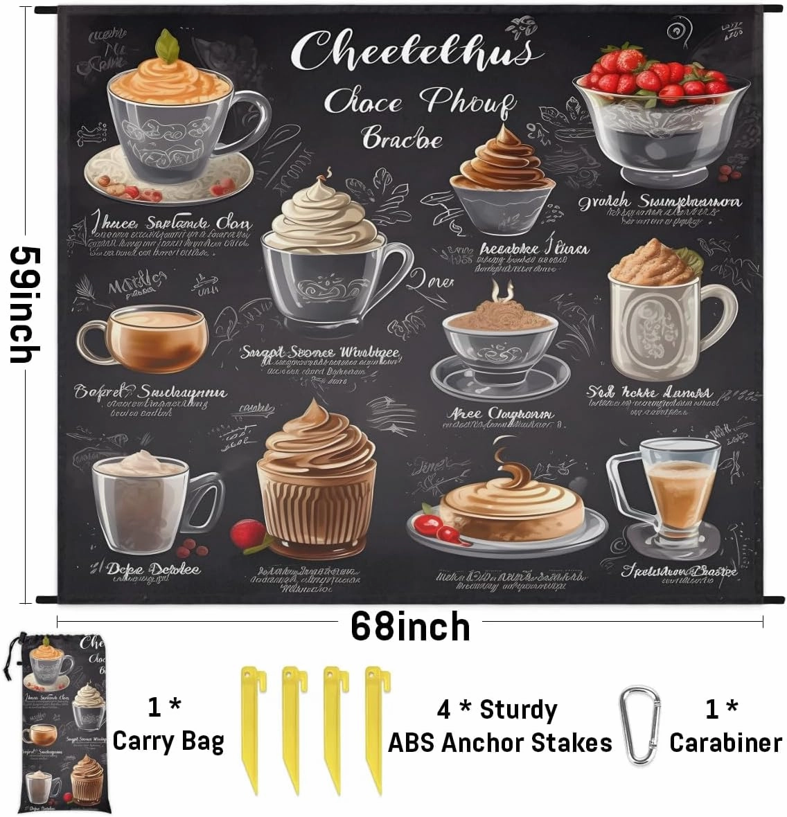 Coffee Beach Blanket, Sandproof Beach Mat, 68 x 59 Waterproof Quick Drying Sand Free Mat with 4 x Ground Spikes for Outdoor Travel Camping Hiking, Coffee Theme