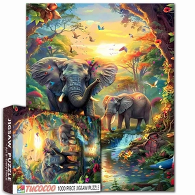 Colorful Elephants in Jungle Jigsaw Puzzle