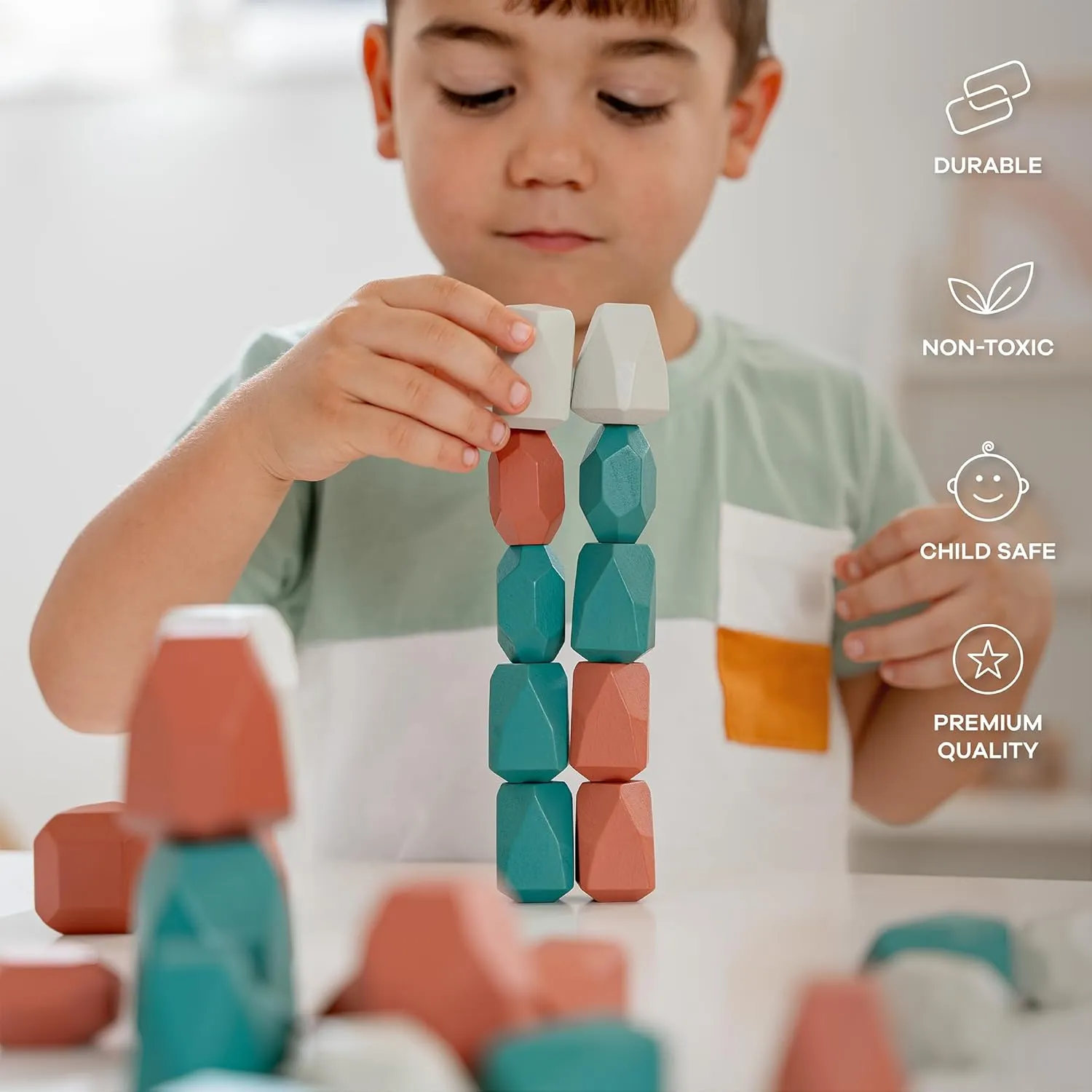 Comfy Cubs Stacking Rocks 36 Pieces, 36 Months , Educational Toddler Stacking Blocks, Promotes Imagination, Balance & Fine Motor Skills - Wooden Rocks Sensory Toys Gift for Kid, Dino Pack