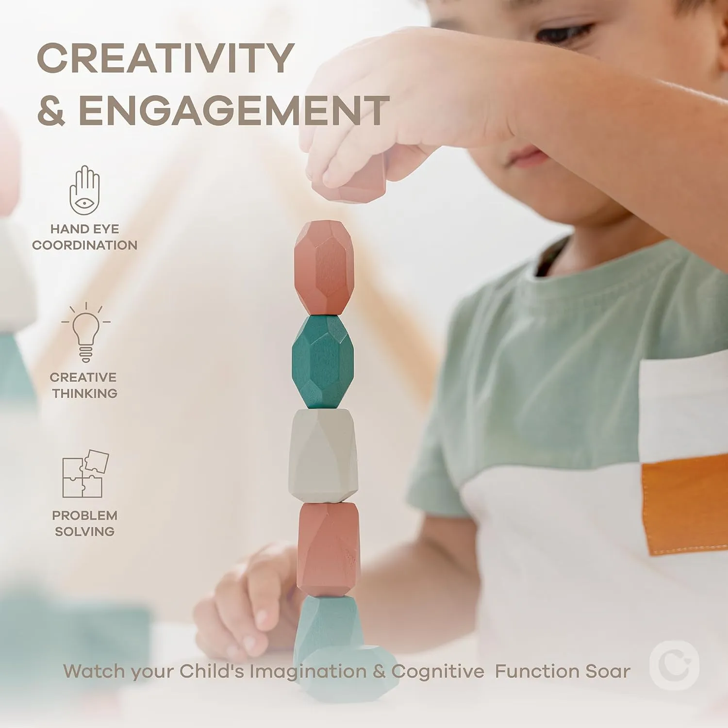 Comfy Cubs Stacking Rocks 36 Pieces, 36 Months , Educational Toddler Stacking Blocks, Promotes Imagination, Balance & Fine Motor Skills - Wooden Rocks Sensory Toys Gift for Kid, Dino Pack