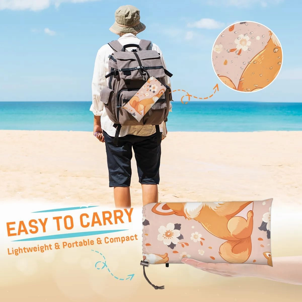 Corgi Dog Beach Blanket, Sandproof Beach Mat, 68 x 59 Waterproof Quick Drying Sand Free Mat with 4 x Ground Spikes for Outdoor Travel Camping Hiking, Dog Floral