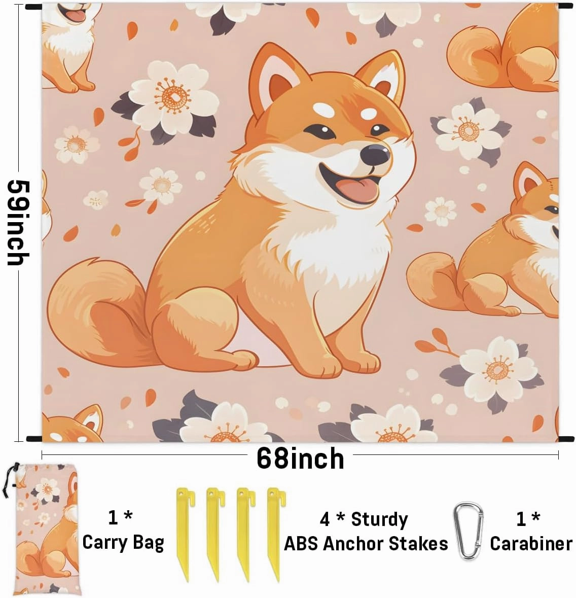 Corgi Dog Beach Blanket, Sandproof Beach Mat, 68 x 59 Waterproof Quick Drying Sand Free Mat with 4 x Ground Spikes for Outdoor Travel Camping Hiking, Dog Floral
