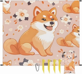 Corgi Dog Beach Blanket, Sandproof Beach Mat, 68 x 59 Waterproof Quick Drying Sand Free Mat with 4 x Ground Spikes for Outdoor Travel Camping Hiking, Dog Floral