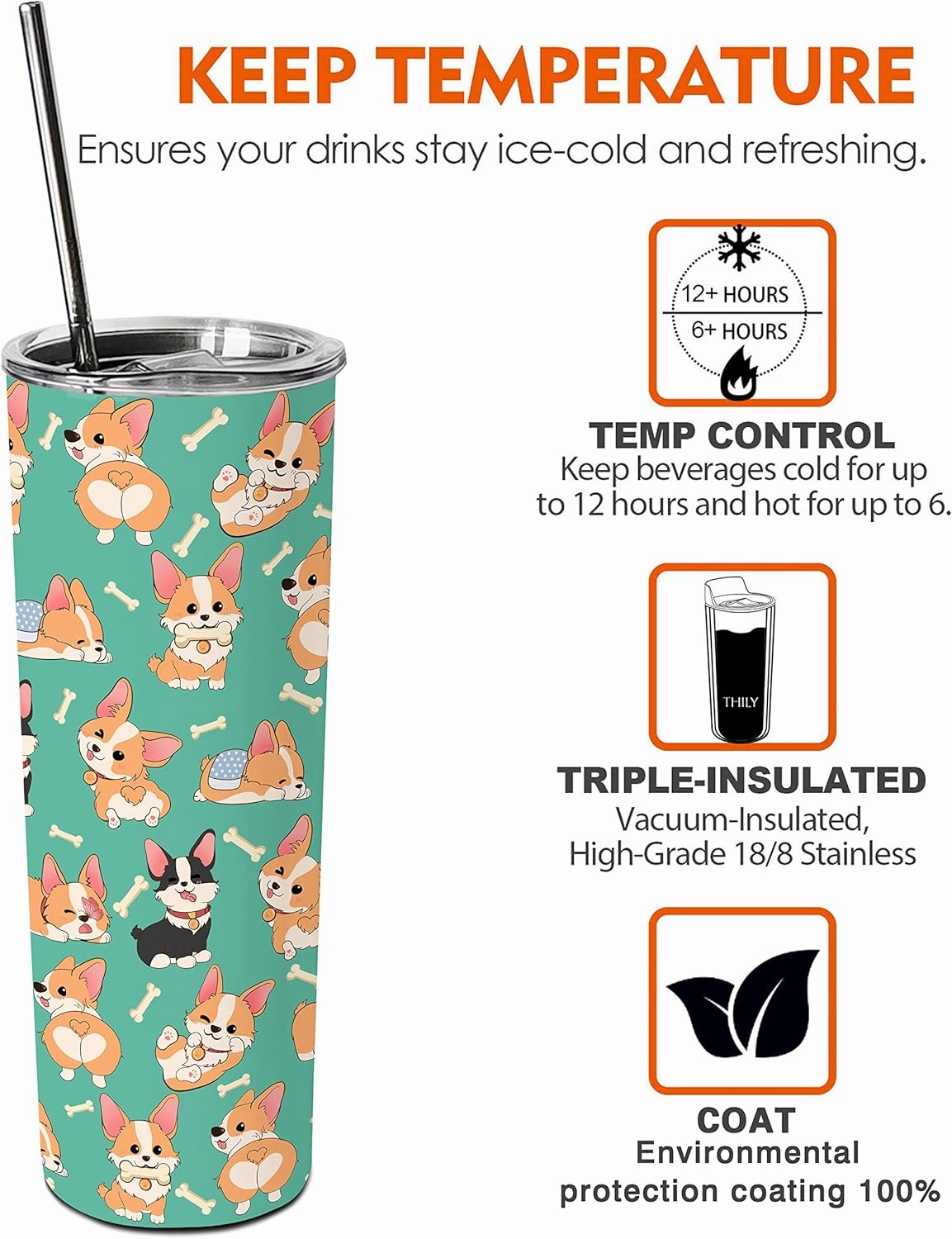 Corgi Gifts,For Women & Girls Corgi Lover Gifts,20oz Tumbler With Lid And Straw,Insulated Stainless Steel Travel Coffee Mug