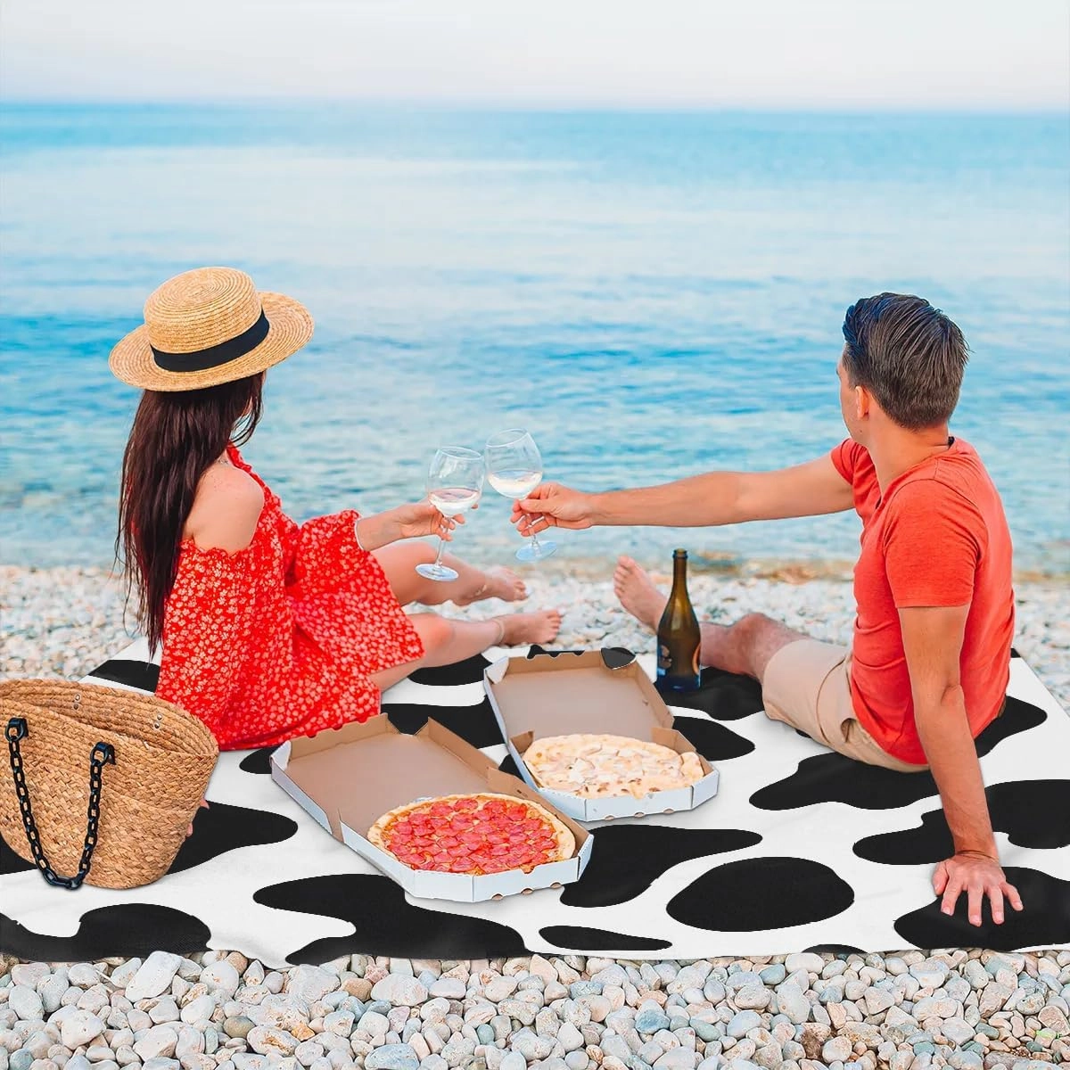 Cow Print Beach Blanket, Sandproof Beach Mat, 68 x 59 Waterproof Quick Drying Sand Free Mat with 4 x Ground Spikes for Outdoor Travel Camping Hiking, Milk Cow Print Animal