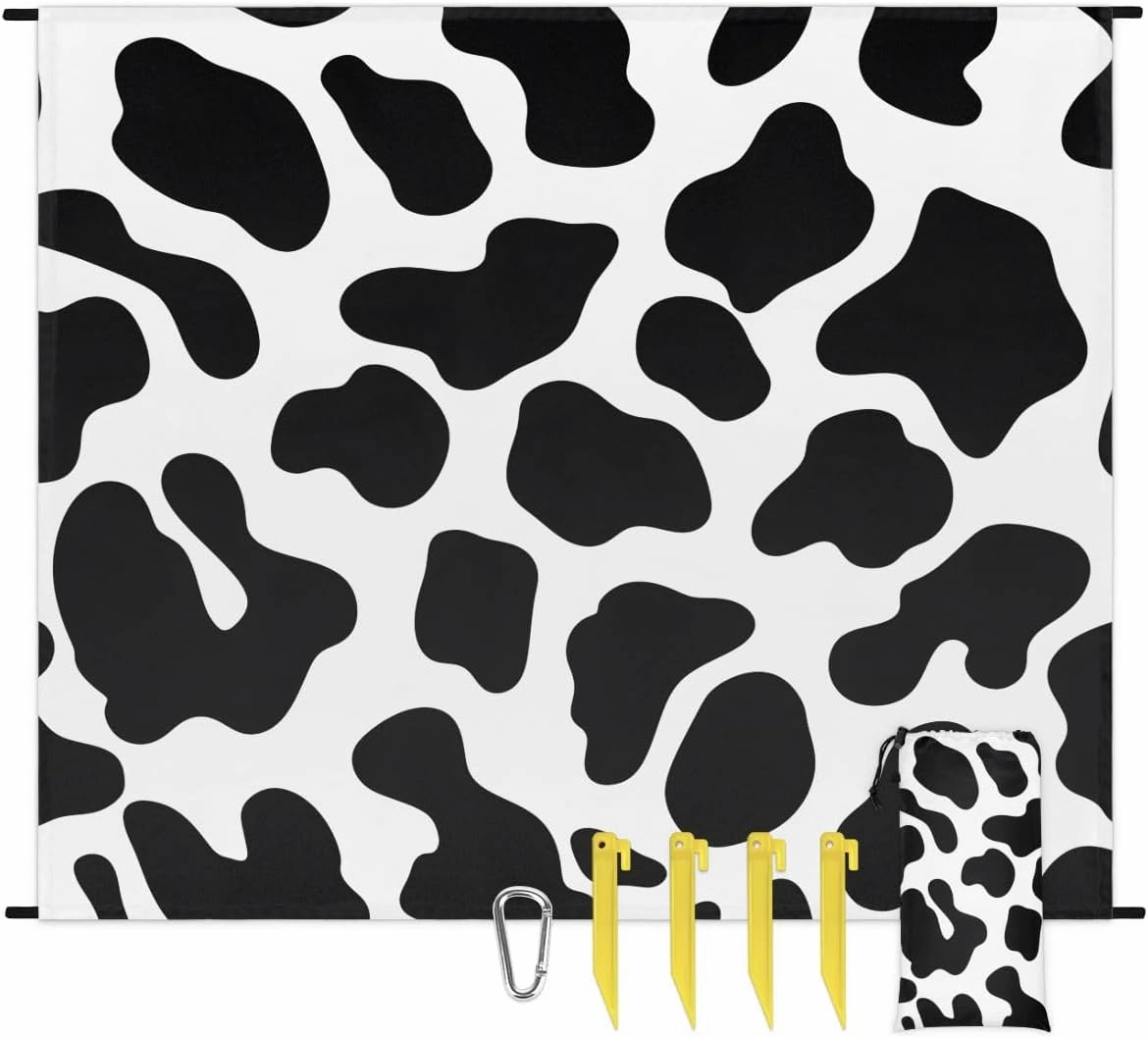 Cow Print Beach Blanket, Sandproof Beach Mat, 68 x 59 Waterproof Quick Drying Sand Free Mat with 4 x Ground Spikes for Outdoor Travel Camping Hiking, Milk Cow Print Animal