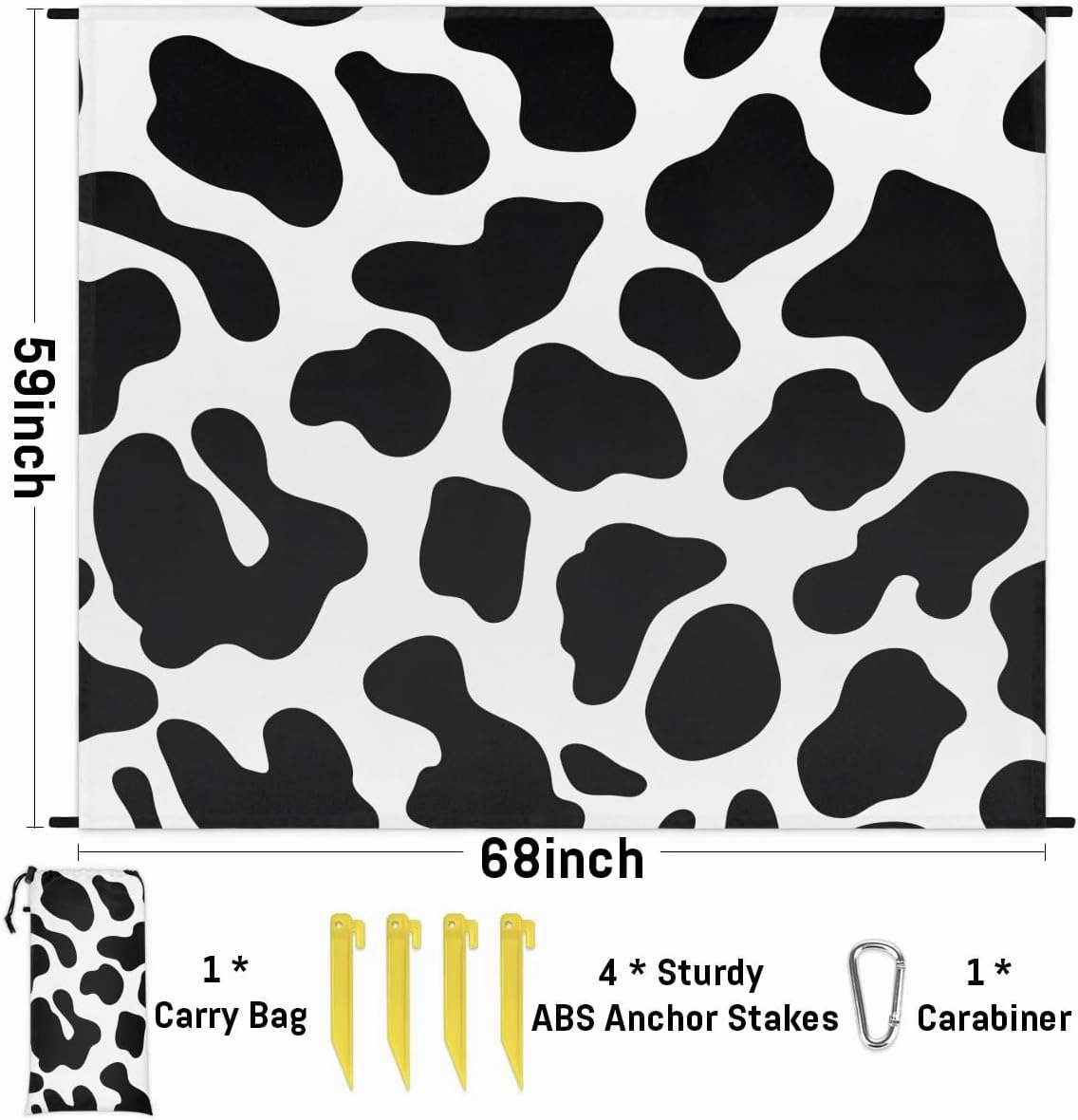 Cow Print Beach Blanket, Sandproof Beach Mat, 68 x 59 Waterproof Quick Drying Sand Free Mat with 4 x Ground Spikes for Outdoor Travel Camping Hiking, Milk Cow Print Animal