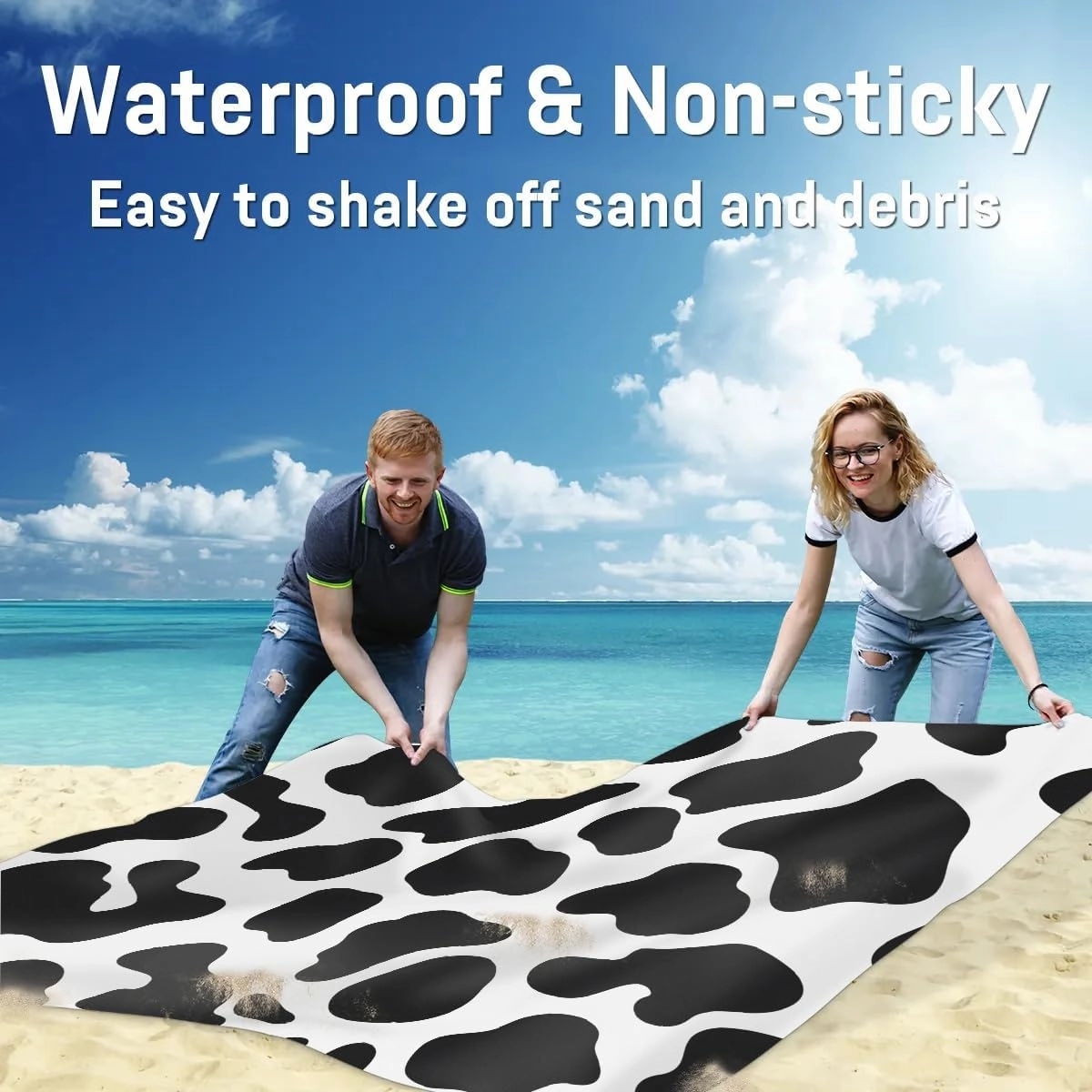 Cow Print Beach Blanket, Sandproof Beach Mat, 68 x 59 Waterproof Quick Drying Sand Free Mat with 4 x Ground Spikes for Outdoor Travel Camping Hiking, Milk Cow Print Animal