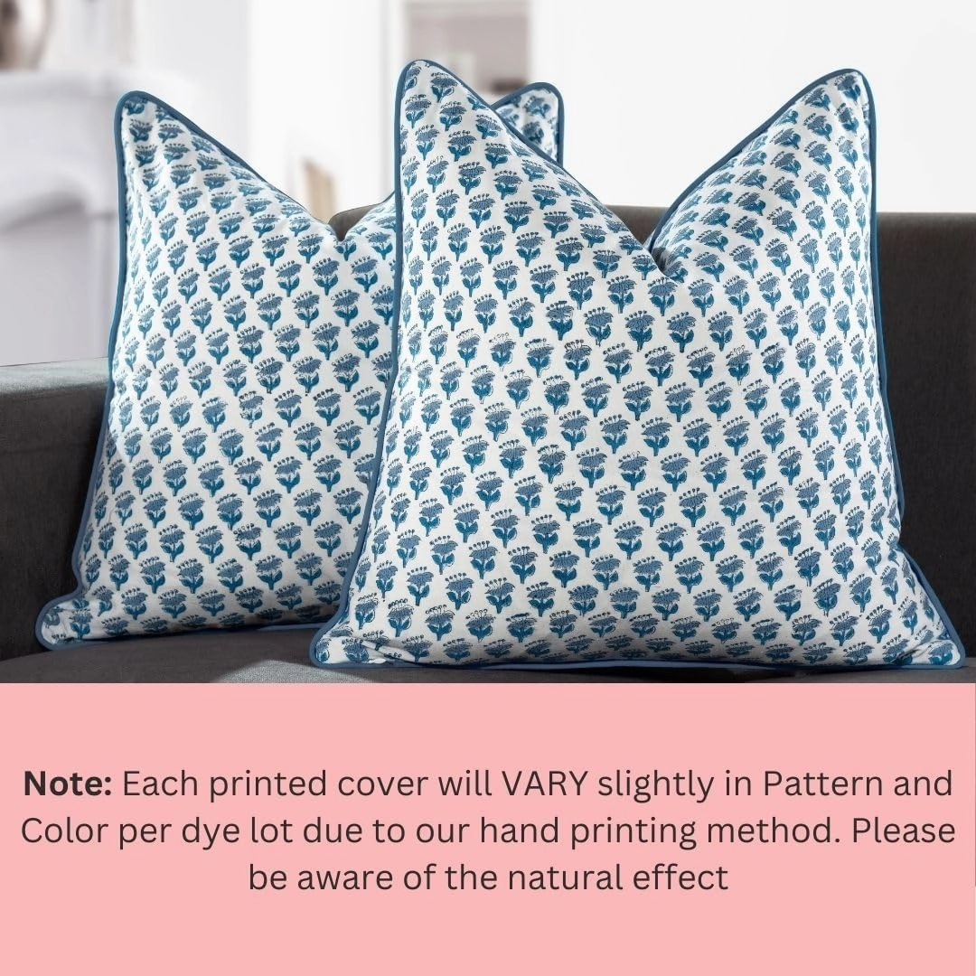 CPC 100% Cotton Throw Pillow Covers 20x20 Inch, Set of 2 Blue Block Print Pattern Couch Pillow, Cute Boho Decorative Pillows for Living Room, Bedroom with Hidden Zipper- Apatite Blue
