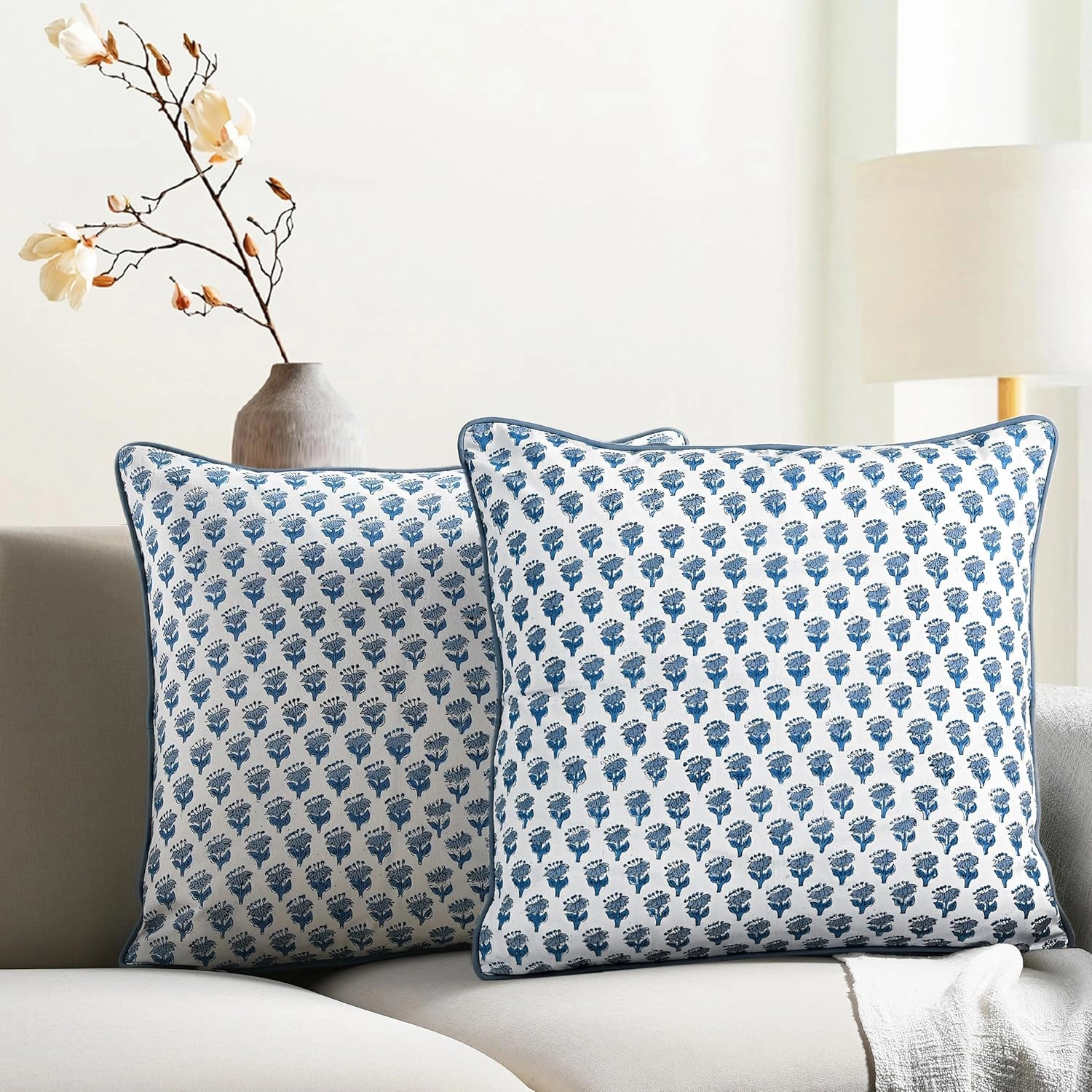 CPC 100% Cotton Throw Pillow Covers 20x20 Inch, Set of 2 Blue Block Print Pattern Couch Pillow, Cute Boho Decorative Pillows for Living Room, Bedroom with Hidden Zipper- Apatite Blue